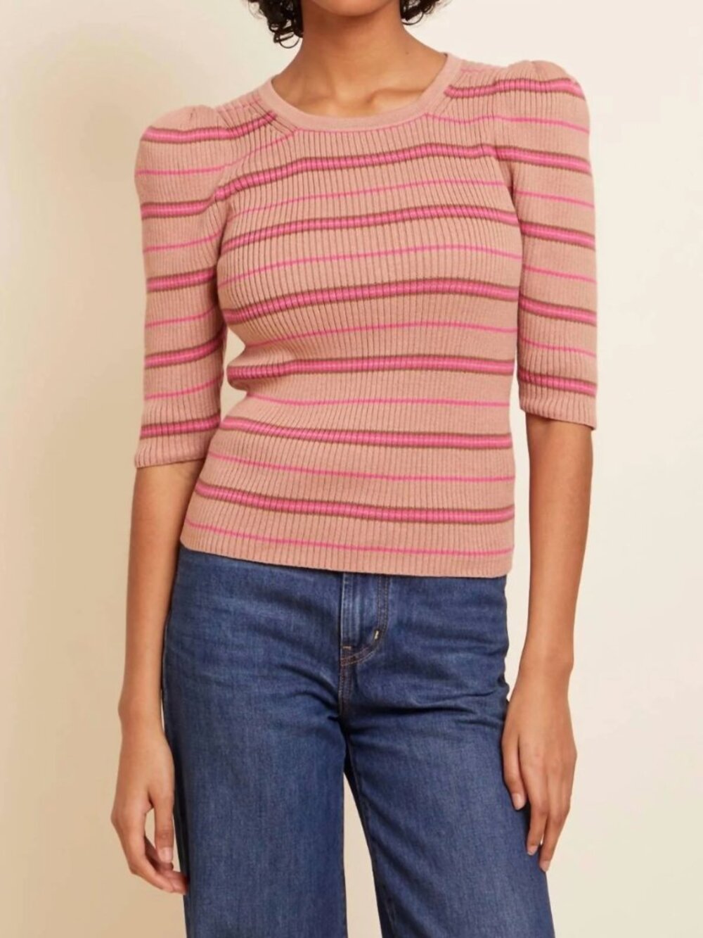 Nation LTD NWT Sarah Slim Crew Neck Mauve Striped Puff Sleeve Cotton Sweater, M